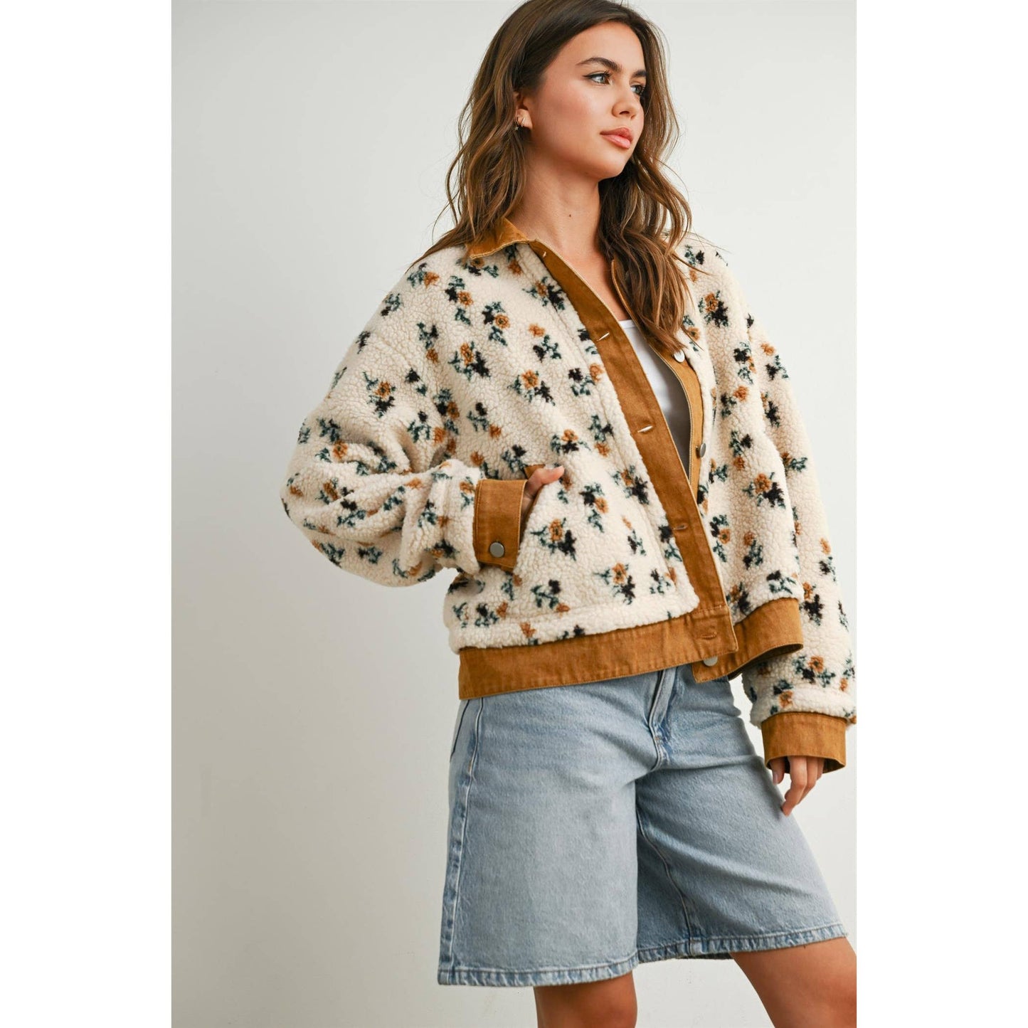 Floral  Collared Button-Down Jacket - BMJ7881: CREAM / CAMEL / L