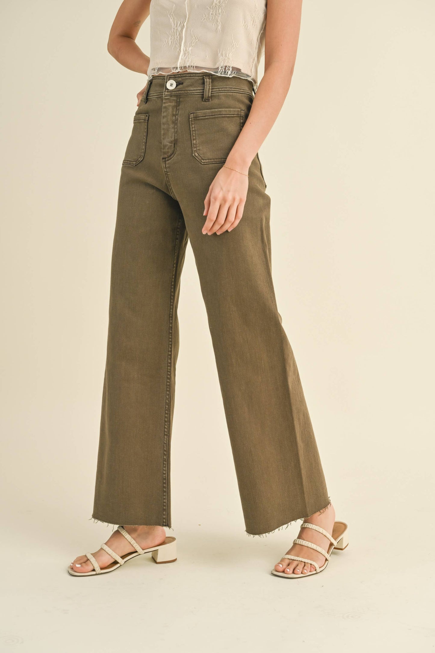 MMP1913   STRAIGHT WIDE LEG PANTS WITH FRONT POCKET: Washed Brown / S