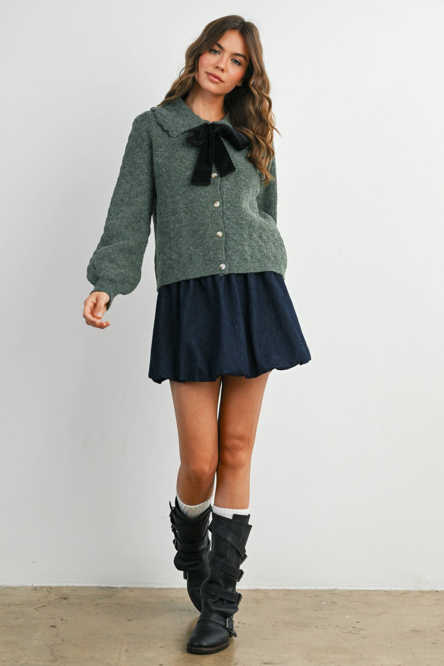 Button-Up Bow Front Collared Long Sleeve Top - BMC7776: IVORY / BLACK / S