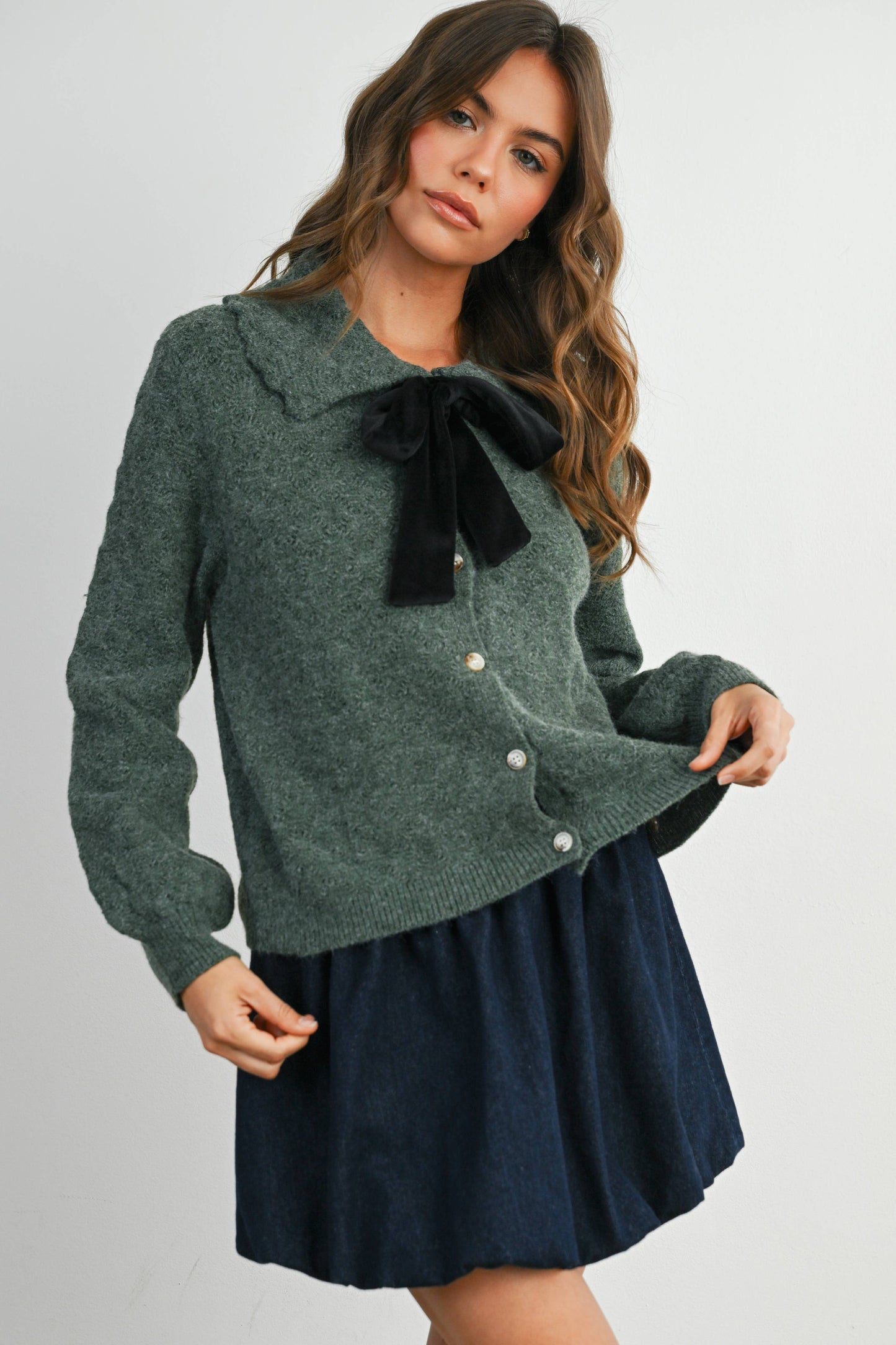 Button-Up Bow Front Collared Long Sleeve Top - BMC7776: IVORY / BLACK / S