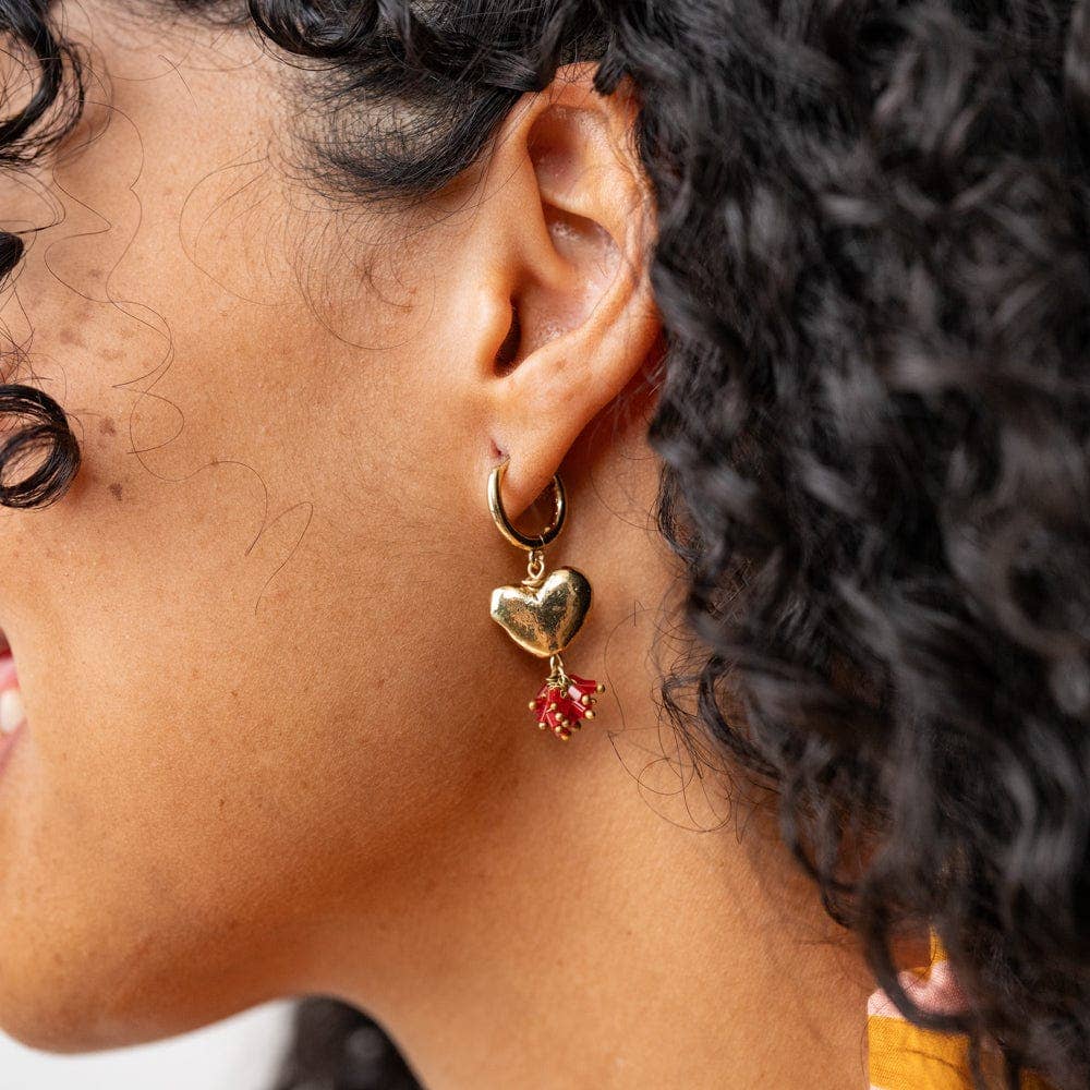 Ruby Small Brass Heart Hoop Earrings Red Wholesale