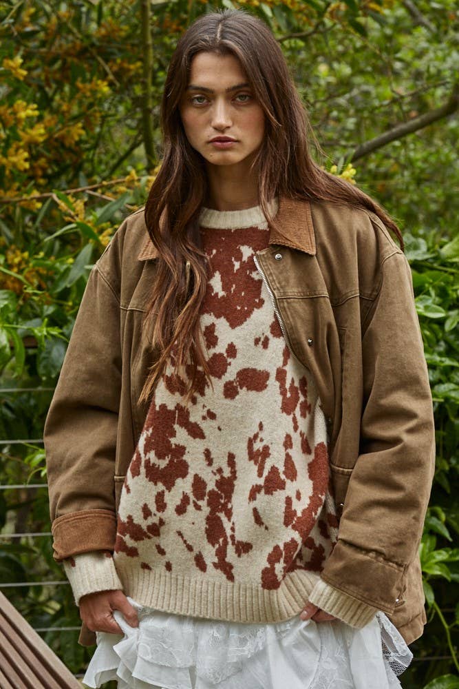L8757 | Woven Cotton Collared Zip-Up Long Sleeve Jacket: Olive Brown / S