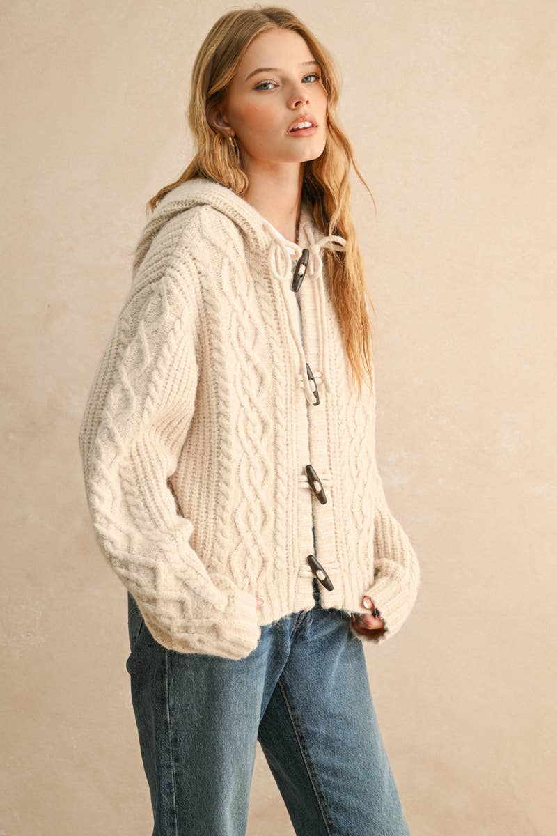 J5452   LONG SLEEVE CABLE KNIT CARDIGAN WITH HOOD: STONE / S