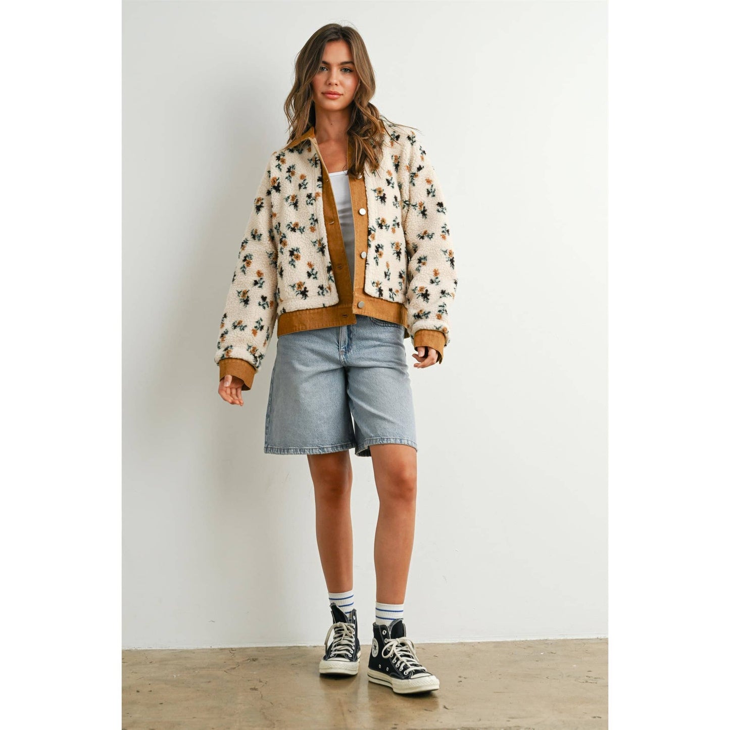 Floral  Collared Button-Down Jacket - BMJ7881: CREAM / CAMEL / S