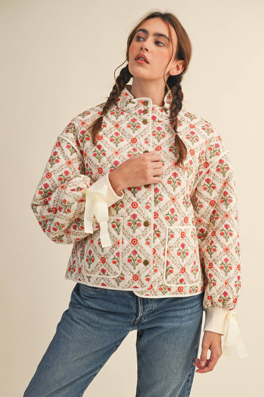 FLORAL QUILTED JACKET WITH RIBBON DETAIL MJK4431: Ivory Red Floral / M
