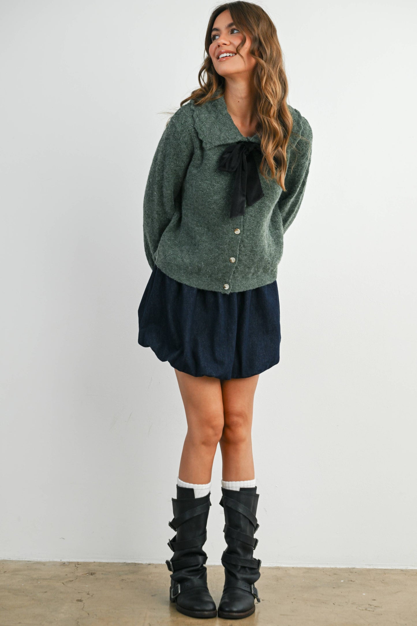 Button-Up Bow Front Collared Long Sleeve Top - BMC7776: IVORY / BLACK / L