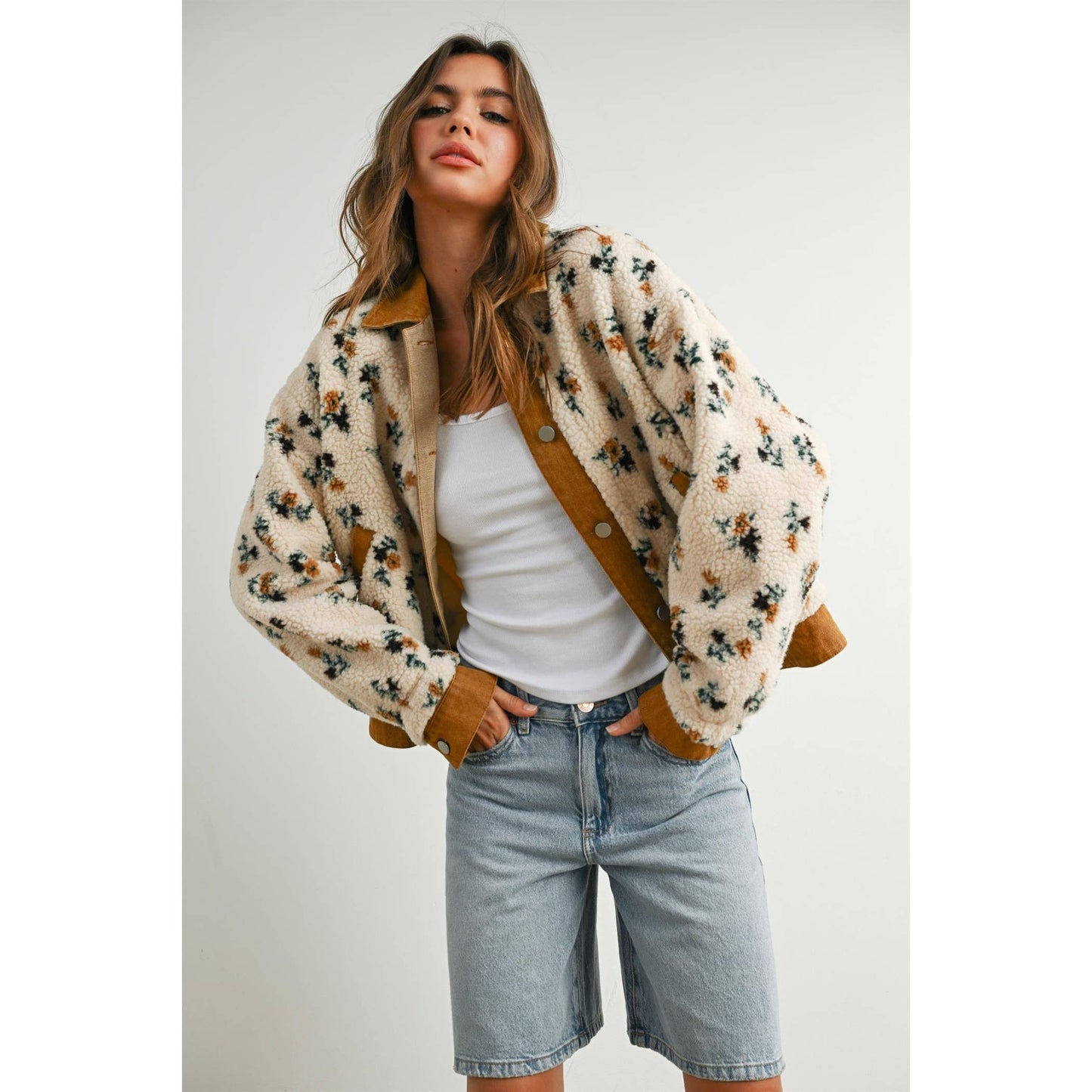 Floral  Collared Button-Down Jacket - BMJ7881: CREAM / CAMEL / L