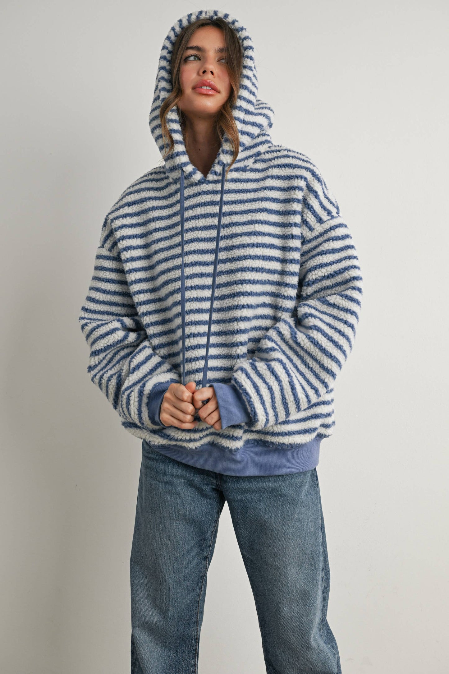 Brushed Striped Puffy Hoodie - BMT7801: BLUE / IVORY / M