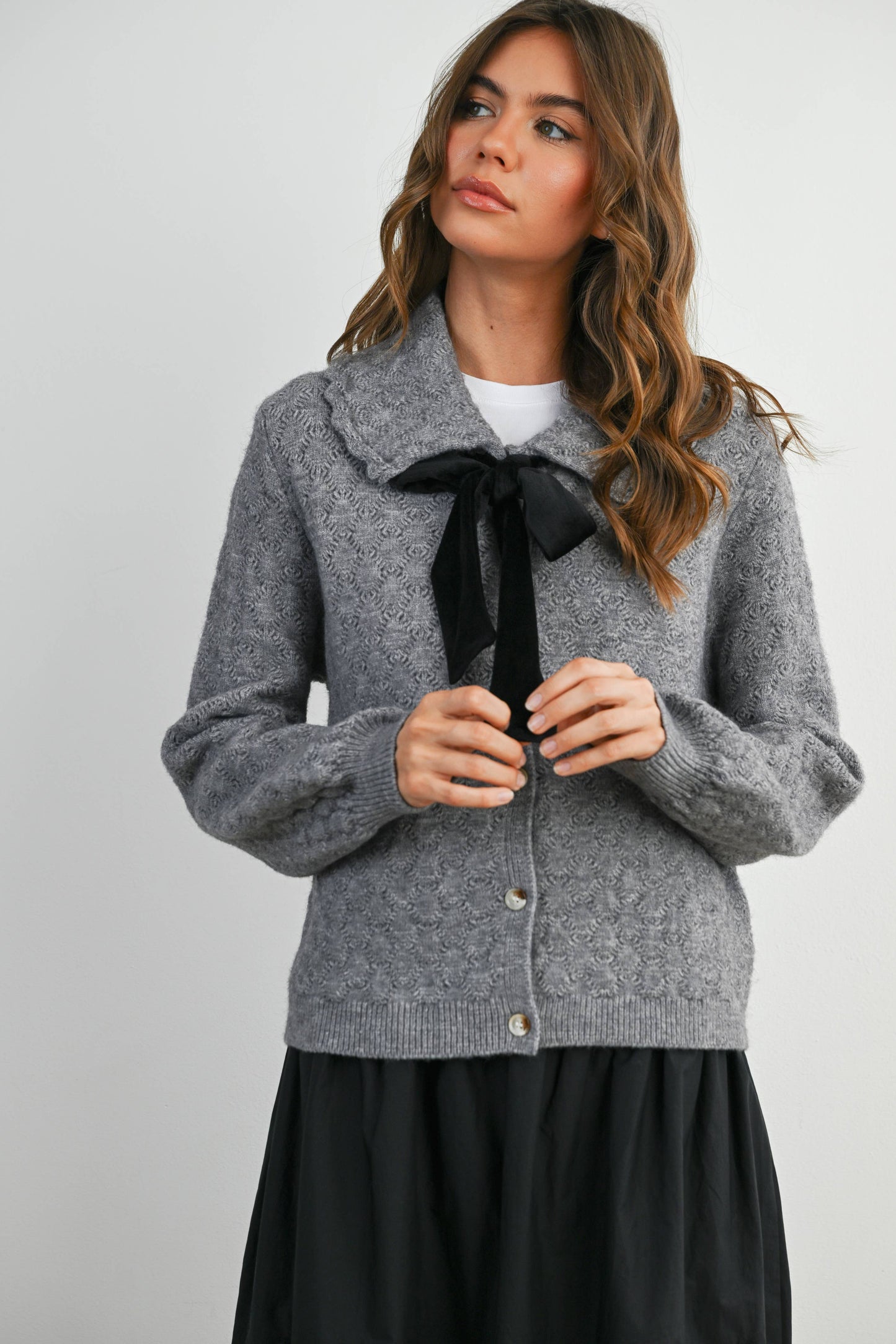 Button-Up Bow Front Collared Long Sleeve Top - BMC7776: IVORY / BLACK / M
