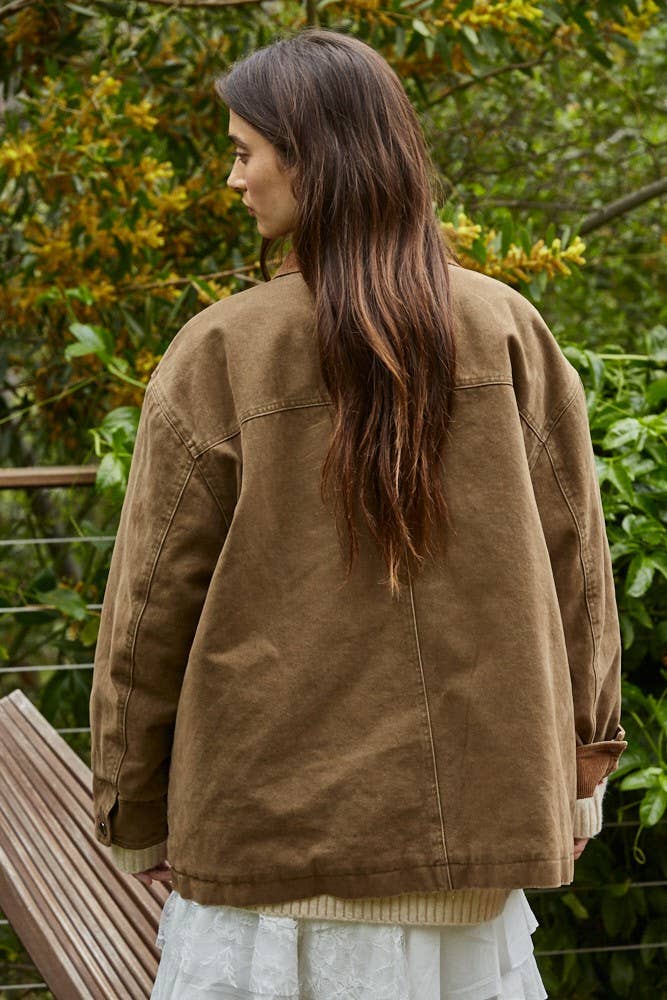 L8757 | Woven Cotton Collared Zip-Up Long Sleeve Jacket: Olive Brown / L