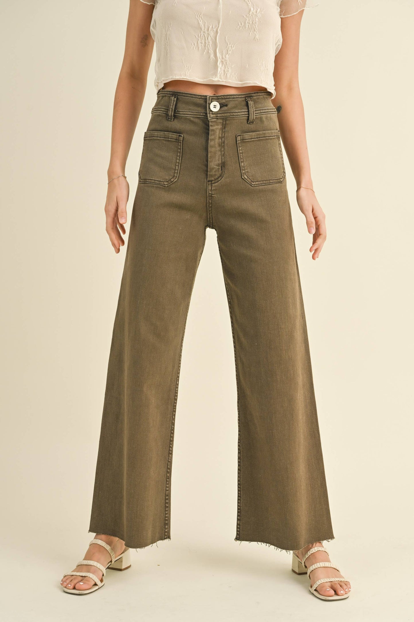 MMP1913   STRAIGHT WIDE LEG PANTS WITH FRONT POCKET: Washed Brown / S
