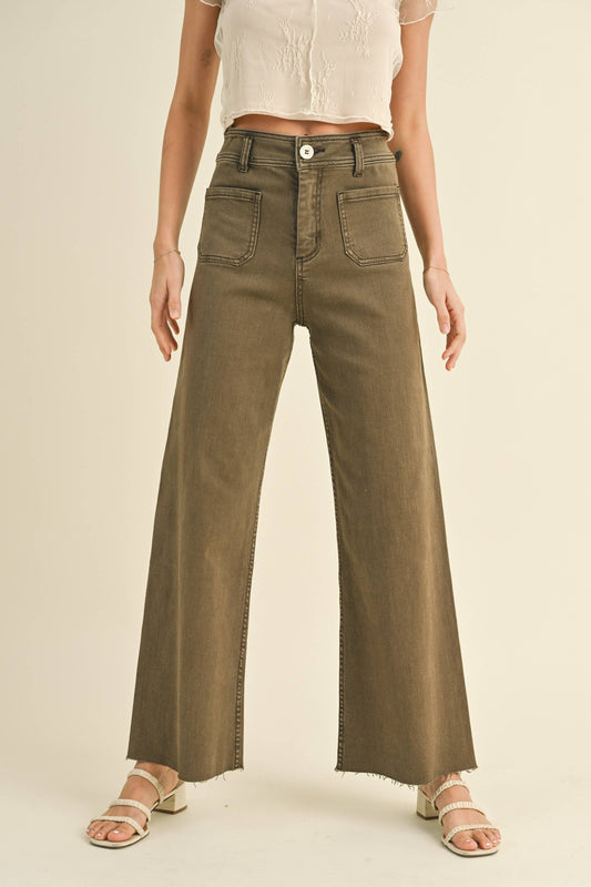 MMP1913   STRAIGHT WIDE LEG PANTS WITH FRONT POCKET: Washed Brown / L
