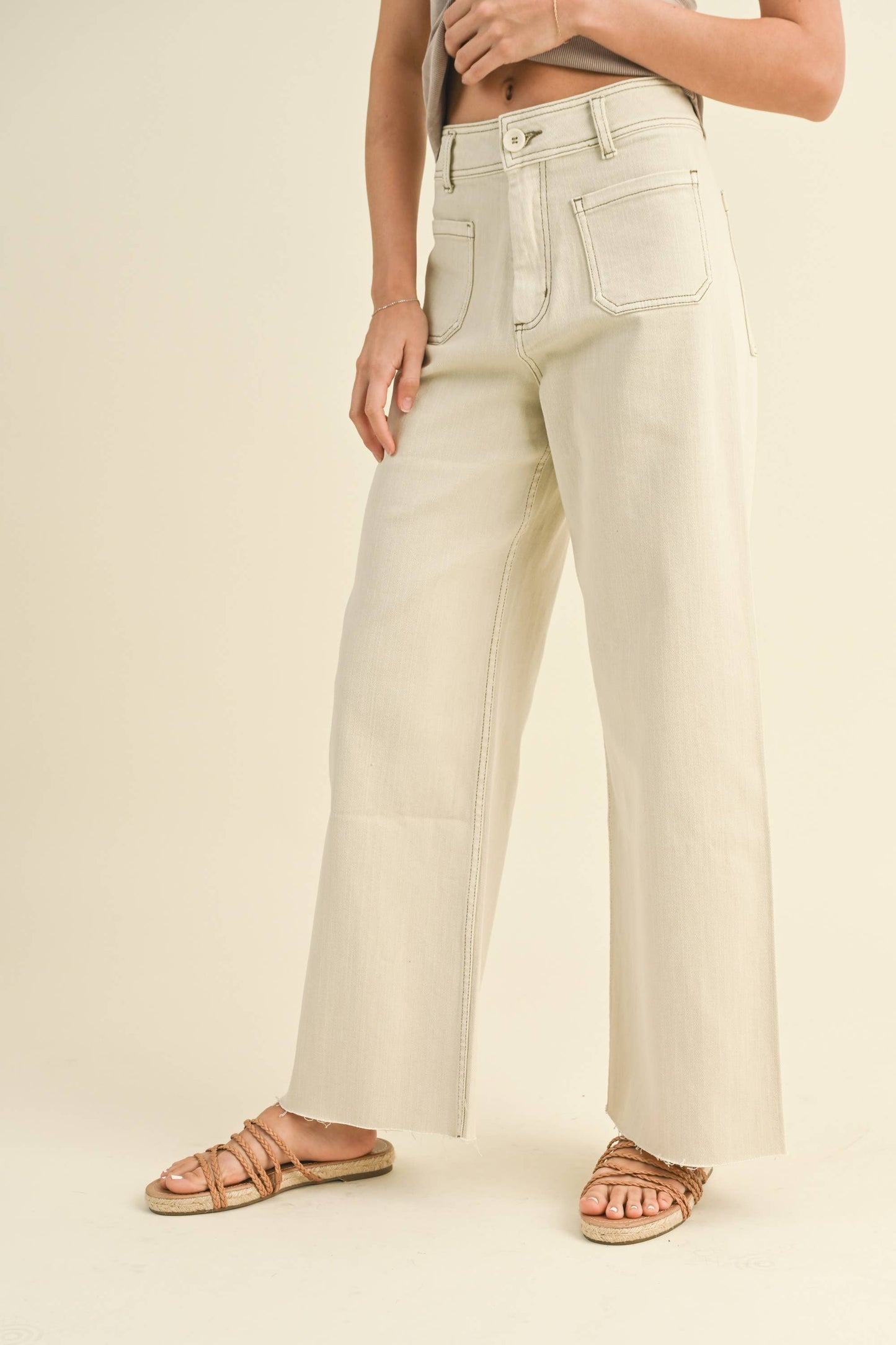 MMP1913   STRAIGHT WIDE LEG PANTS WITH FRONT POCKET: Washed Brown / M