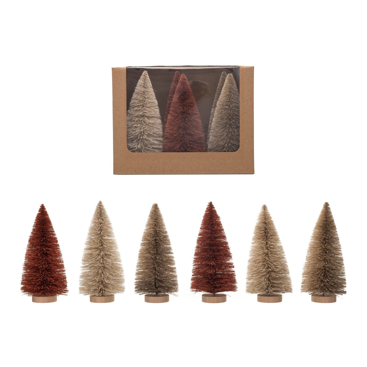 Sisal Bottle Brush Trees w/ Wood Bases, Grey & Mauve, Boxed Set of 6